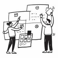 Business team brainstorming cost cutting measures concept as A business team brainstorming cost cutting measures with sticky notes on a wall representing creativity collaboration a v1 vector
