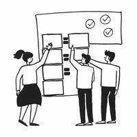 Business team brainstorming cost cutting measures concept as A business team brainstorming cost cutting measures with sticky notes on a wall representing creativity collaboration a Clean Version 2 vector