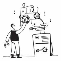 Building robots concept as A man building robots highlighting the creativity engineering and technological skills involved in this futuristic hobby in Photo Stock Concept v1 vector