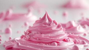 A pink frosting is being poured onto a white surface photo