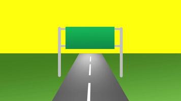 Animation of A straight road leading to a blank green signboard, symbolizing direction, travel, navigation, guidance, and future possibilities on highways. video