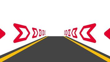 A first-person view of a racetrack with sharp turns and directional signs, symbolizing speed, competition, and adrenaline-fueled racing. video