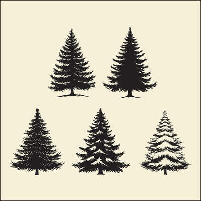 Snowy pine tree set silhouette