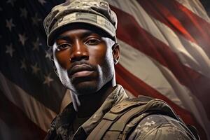 Cadet with backpack and tablet against American flag. Military education photo