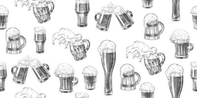 Seamless pattern with beer glasses. Background with sketch style spilled beer. Pint glassware. Black and white engraved illustrations for pub menu. Oktoberfest drinks. Hand drawn goblets of beer vector