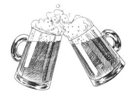 Two clinking mugs of beer with a splash of foam. Engraving for pub menu. Oktoberfest illustration. Sketch style glasses of foaming beer isolated on white background. vector