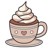 A drawing of a cozy cup filled with rich cocoa and topped with a swirl of creamy whipped topping. vector