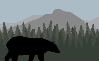 Grizzly bear silhouette in flat colored landscape with spruce tree forest vector