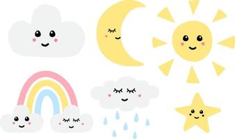 Set of hand drawn sketch weather symbols with faces isolated on white background vector