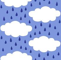 Seamless pattern of white doodle sketch raining clouds with face isolated on blue background vector