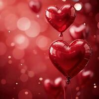 A deep crimson background. The background has a gentle glow with faint heart-shaped balloons video