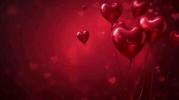 A soft-focus red background with a dreamy bokeh effect, featuring floating shiny red heart balloons at the edges. video