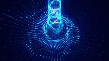 Dynamic blue neon light trails forming wave-like tunnel patterns in a dark digital space, representing motion and futuristic video