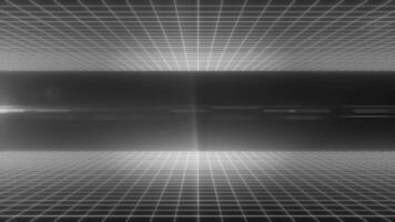 A monochrome digital grid landscape with a futuristic design, symbolizing data networks and advanced technology in a minimalistic video