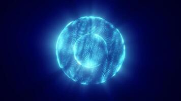 Futuristic glowing blue sphere composed of digital lines and dots on a dark background, representing technology, data video