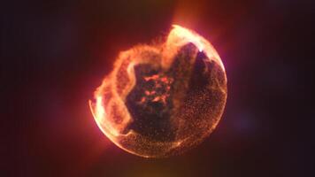 Fiery orange-red glowing sphere surrounded by dynamic particles and heat pattern futuristic video