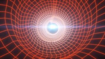A warm-toned digital tunnel with orange wireframe gridlines surrounding a glowing central sphere, symbolizing futuristic energy, technology, and data flow video
