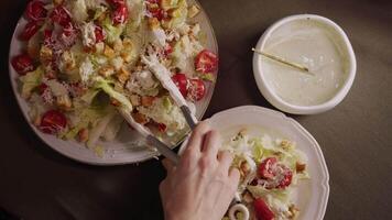 Hostess, having prepared Caesar salad in kitchen, now serves portion onto plate. delightful, low-fat salad featuring cherry tomatoes and cheese. View from above. video