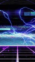 Cyber retro style 80s-90s futuristic grid wireframe backdrop. With Glitch vhs damage effect. Digital neon dance style retro party laser pattern background. video