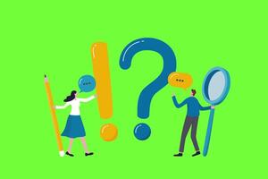 Student thinking and researching for a project or subject 4k animation of two characters with some abstract shapes and question marks pop up on green screen video