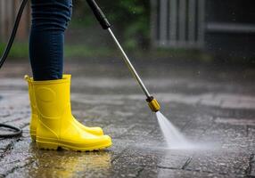A person in yellow rain boots cleans a patio with a power washer, creating a clean and refreshed look. Perfect for home improvement projects photo