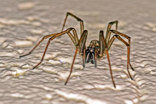 Close up macro of a house spider on textured surface with sharp details a photo