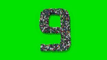 Number Nine 3D Font from People Crowd Standing in Top View on Green Screen with 9 Shape. video