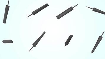 Eyeliners Falling on a Light Blue Background. Black Eyeliner 3D Animation. 4K video