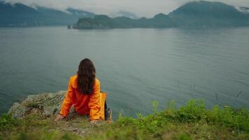 Enjoy Solitude And Calmness In Nature, Back View Of Brunette Woman Sitting On Edge Of Cliff On Ocean video