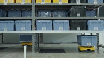 Demonstration of Automated Retail Warehouse AGV Robots Delivering distribution product stock on shelf in modern factory. Smart warehouse Logistics management system with warehouse robot AI Technology video