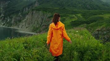 Trip To Kamchatka Region, Rearview With Woman Walking In Beautiful Nature, Back View Of Lady video