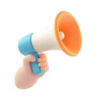 3d icon Hand holding megaphone cartoon style, message on cutout isolated on a transparent background for marketing communication needs png