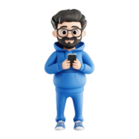 3d icon happy avatar man bearded hiker in an puffer jacket using a smartphone app, cutout isolated on a transparent background png