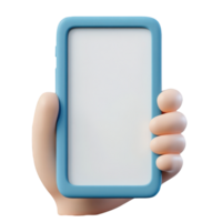 3d icon Hand holding blue smartphone displaying blank white screen, ideal for mobile app mockup presentation cutout isolated on a transparent background png