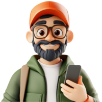 3d icon happy avatar man bearded hiker in an puffer jacket using a smartphone app, against cutout isolated transparent background png