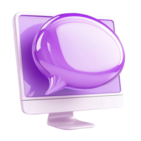 3d Purple speech online bubble glowing from computer screen, representing digital communication against transparent background png