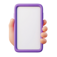 3d Hand holding Purple smartphone displaying blank white screen, ideal for mobile app mockup presentation cutout isolated on a transparent background png