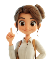3d icon cartoon woman with backpack pointing index finger up, on transparent background, ideal for educational and advertising projects png