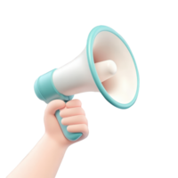 3d icon Hand holding megaphone with cartoon style, broadcasting message on cutout isolated on a transparent background for marketing communication needs png