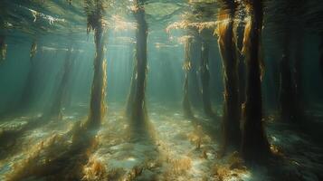Underwater View of Seabed with Sunken Tree Trunks photo