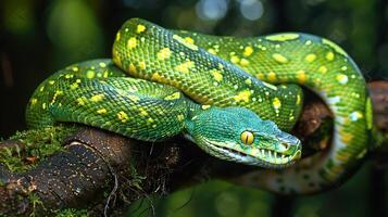 Green Tree Python on a Tree Branch photo