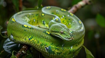 Green Tree Python Among Lush Rainforest Foliage photo