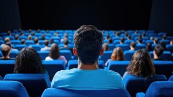A group of people sitting in a cinema watching a movie, with a focus on the back of their heads, creating a sense of community. photo