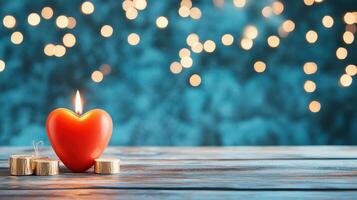 A glowing heart-shaped candle surrounded by soft bokeh lights, creating a warm and romantic atmosphere on a wooden surface. photo