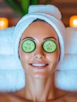 A relaxed woman enjoys a spa treatment with cucumber slices on her eyes, embodying tranquility and self-care. photo