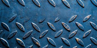 Close-up of textured metal surface featuring a blue background with diamond pattern, ideal for industrial design. photo