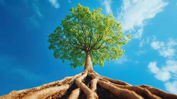 A majestic tree standing tall against a bright blue sky, showcasing its lush green leaves and intricate root system. photo