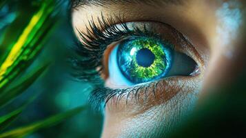 A close-up of an enchanting eye surrounded by green foliage, showcasing vibrant colors and intricate details, reflecting beauty and nature. photo