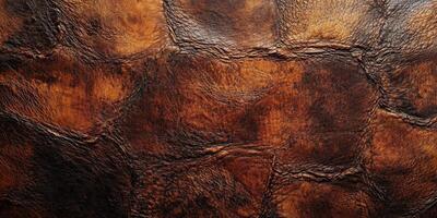 A detailed close-up of textured brown leather, highlighting its rich tones and unique pattern for creative use. photo