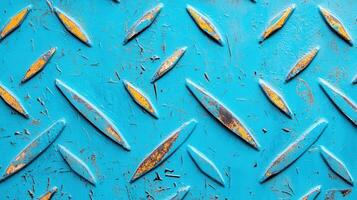 Close-up image of textured blue metal surface with diamond pattern and rust spots. photo